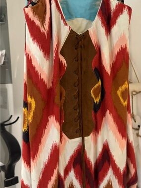 Boho Lace-Up top with Red, Brown & Cream Ikat Print